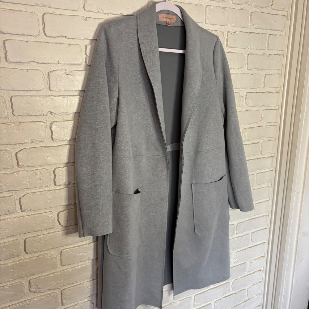 Philosophy Women's Small Oversized Faux Suede Light Blue Gray Long Jacket - Picture 2 of 6